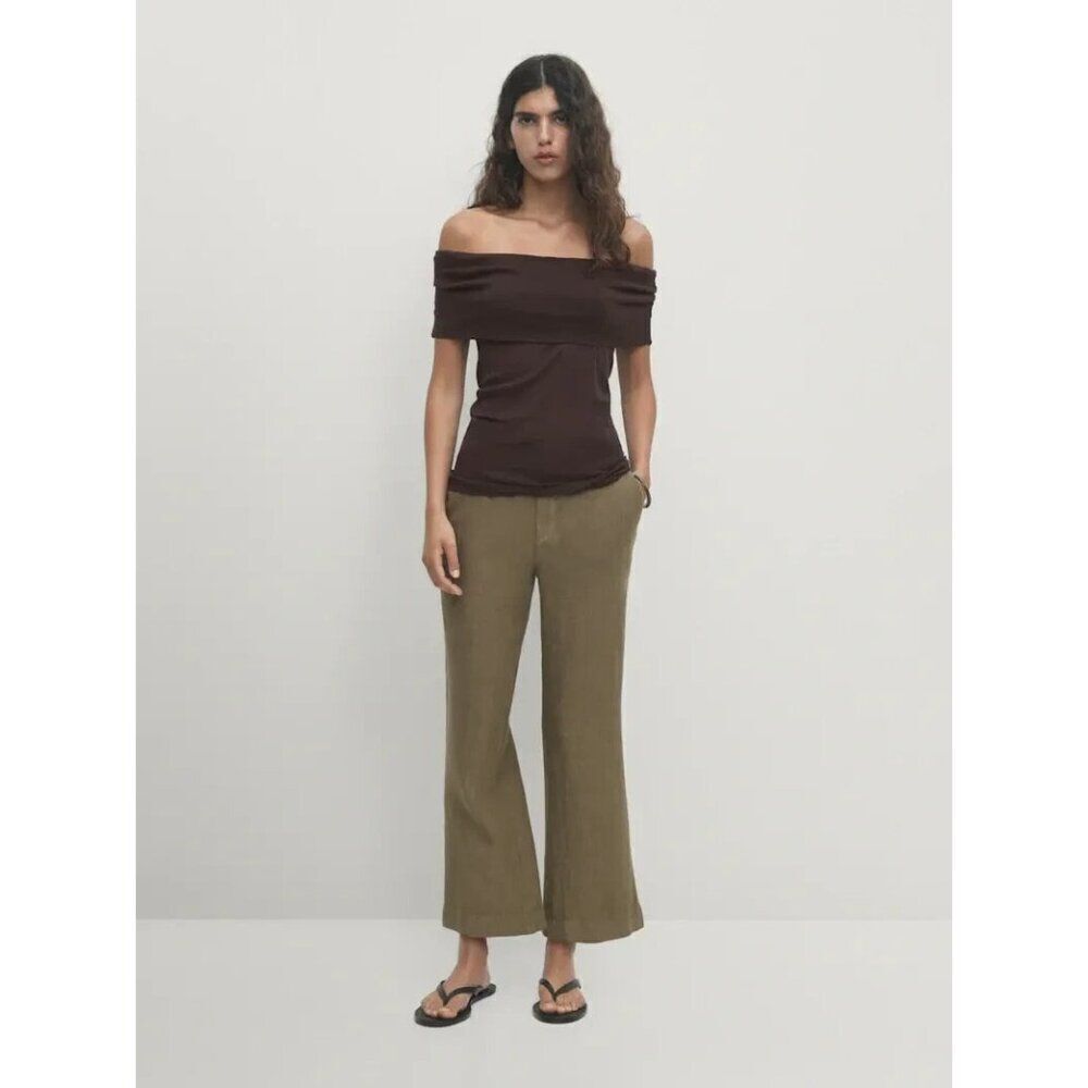 Massimo Dutti Women Pants EU 42 US 10 Brown Flared Linen Trousers 5076/772 NWT